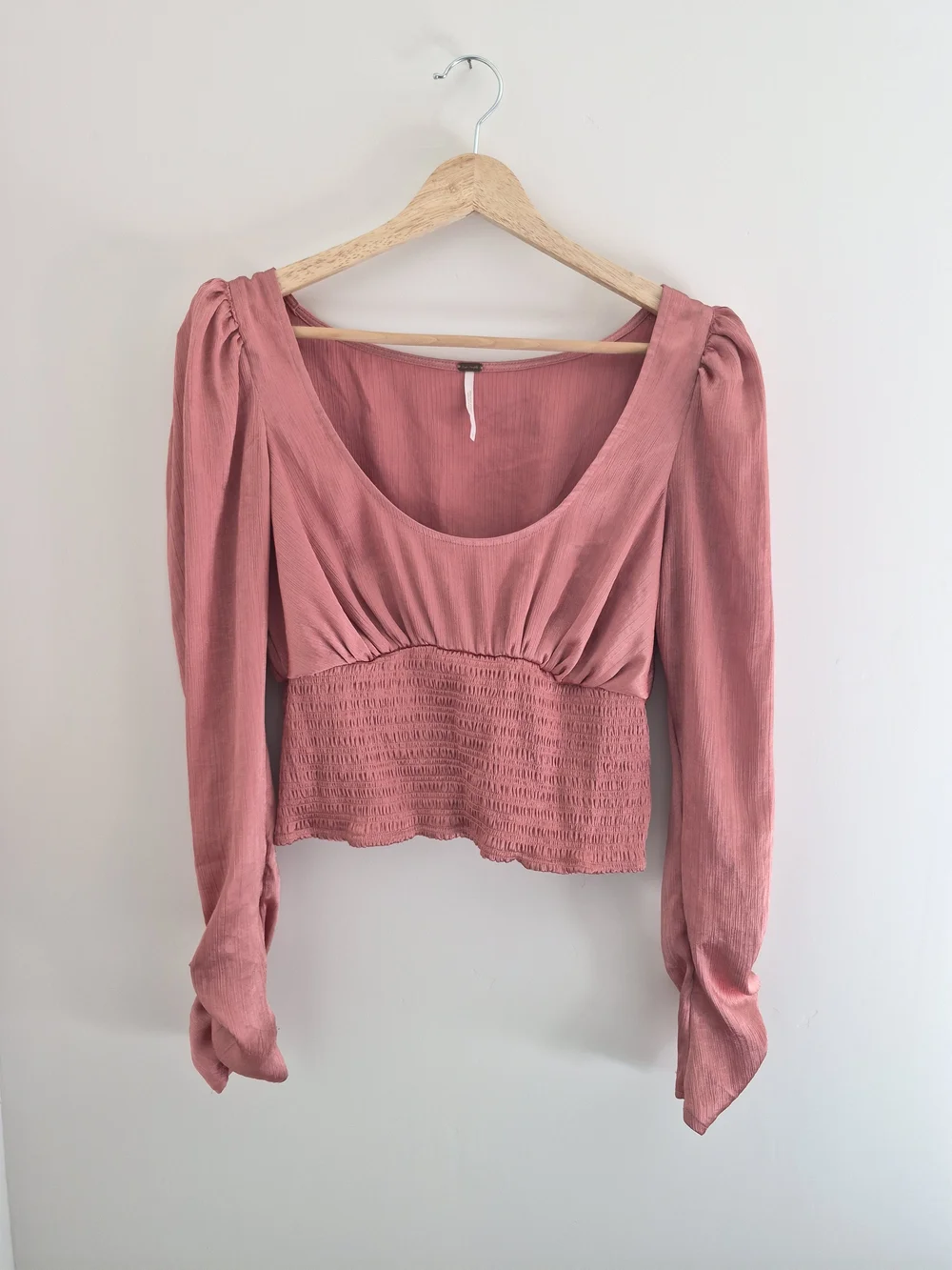 Free People Dusty Rose Smocked Waist Long Sleeve Top Size S
